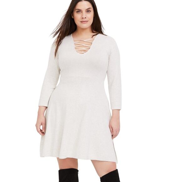 torrid Dresses & Skirts - Torrid Oatmeal Heather Long Sleeve Cross Front Skater Dress, NWT, Torrid 00/Med